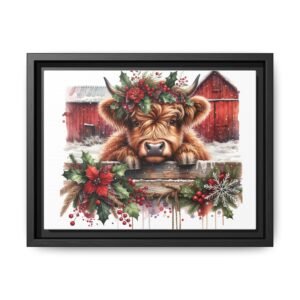 Highland Cow Christmas Wall Art, Matte Canvas Framed, Snow Farm Decor, Multiple Sizes and Frame Colors, Holiday Winter Home Decor, Rustic