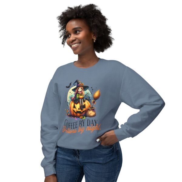 Halloween Witch on Pumpkin Unisex Sweatshirt, Coffee by Day, Potions at Night, Lightweight Crewneck, Comfort Colors, Halloween Shirt, Witch - Image 43