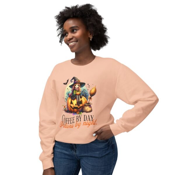 Halloween Witch on Pumpkin Unisex Sweatshirt, Coffee by Day, Potions at Night, Lightweight Crewneck, Comfort Colors, Halloween Shirt, Witch - Image 11
