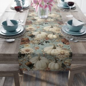 Table Runner, Pumpkin and Floral Pattern, Autumn Fall Decor, Cotton Poly Blend, Thanksgiving Table Decor, Dining Room Accessory, Kitchen
