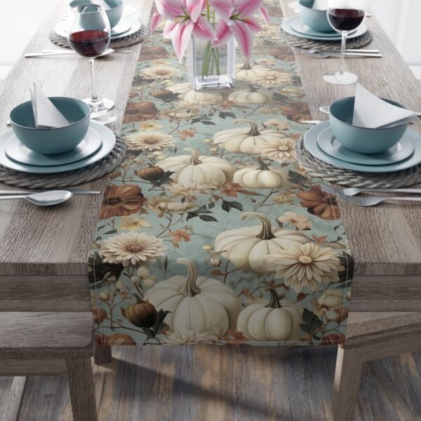 Table Runner, Pumpkin and Floral Pattern, Autumn Fall Decor, Cotton Poly Blend, Thanksgiving Table Decor, Dining Room Accessory, Kitchen
