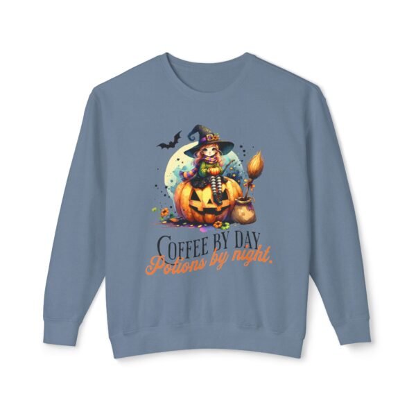 Halloween Witch on Pumpkin Unisex Sweatshirt, Coffee by Day, Potions at Night, Lightweight Crewneck, Comfort Colors, Halloween Shirt, Witch - Image 41