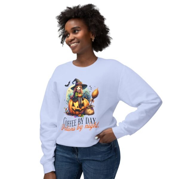 Halloween Witch on Pumpkin Unisex Sweatshirt, Coffee by Day, Potions at Night, Lightweight Crewneck, Comfort Colors, Halloween Shirt, Witch - Image 39