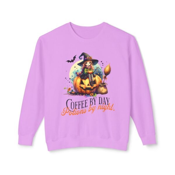 Halloween Witch on Pumpkin Unisex Sweatshirt, Coffee by Day, Potions at Night, Lightweight Crewneck, Comfort Colors, Halloween Shirt, Witch - Image 45