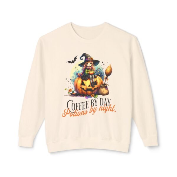 Halloween Witch on Pumpkin Unisex Sweatshirt, Coffee by Day, Potions at Night, Lightweight Crewneck, Comfort Colors, Halloween Shirt, Witch - Image 5