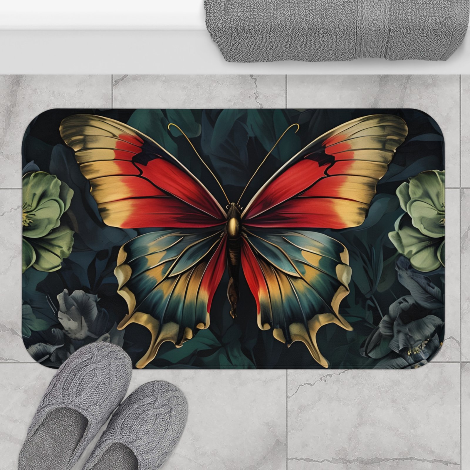 Butterfly Bath Mat, Floral Bathroom Rug, Butterfly Decor, Non-Slip Bath Mat, Butterfly Theme Home Decor