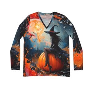 Witch Halloween Shirt, Artistic Women's V-neck Top, Long Sleeve Tee, Halloween Costume, Witchy Clothing