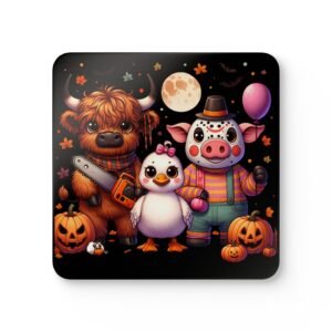 Coaster Set, Farm Animals in Scary Costumes Halloween Corkwood Coasters, Spooky Drink Coaster, Table Protection, Wood Coaster Gift, Holiday