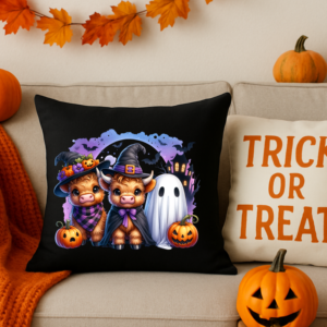 Highland Cows Halloween Pillow, Square Pillow, Halloween Decor, Costume Cow Pillow, Spooky Farmhouse Pillow, Fall Home Decor