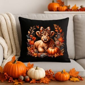 Highland Cow Fall Pillow, Spun Polyester Square Cushion, Home Decor Accent, Farmhouse Decor, Autumn Cow Pillow, Thanksgiving Decoration