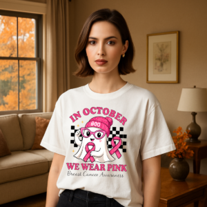 Ghostly Breast Cancer Awareness Unisex T-Shirt, Pink Ribbon Tee, October Support Shirt, Halloween Charity Top, Spooky Cause Apparel