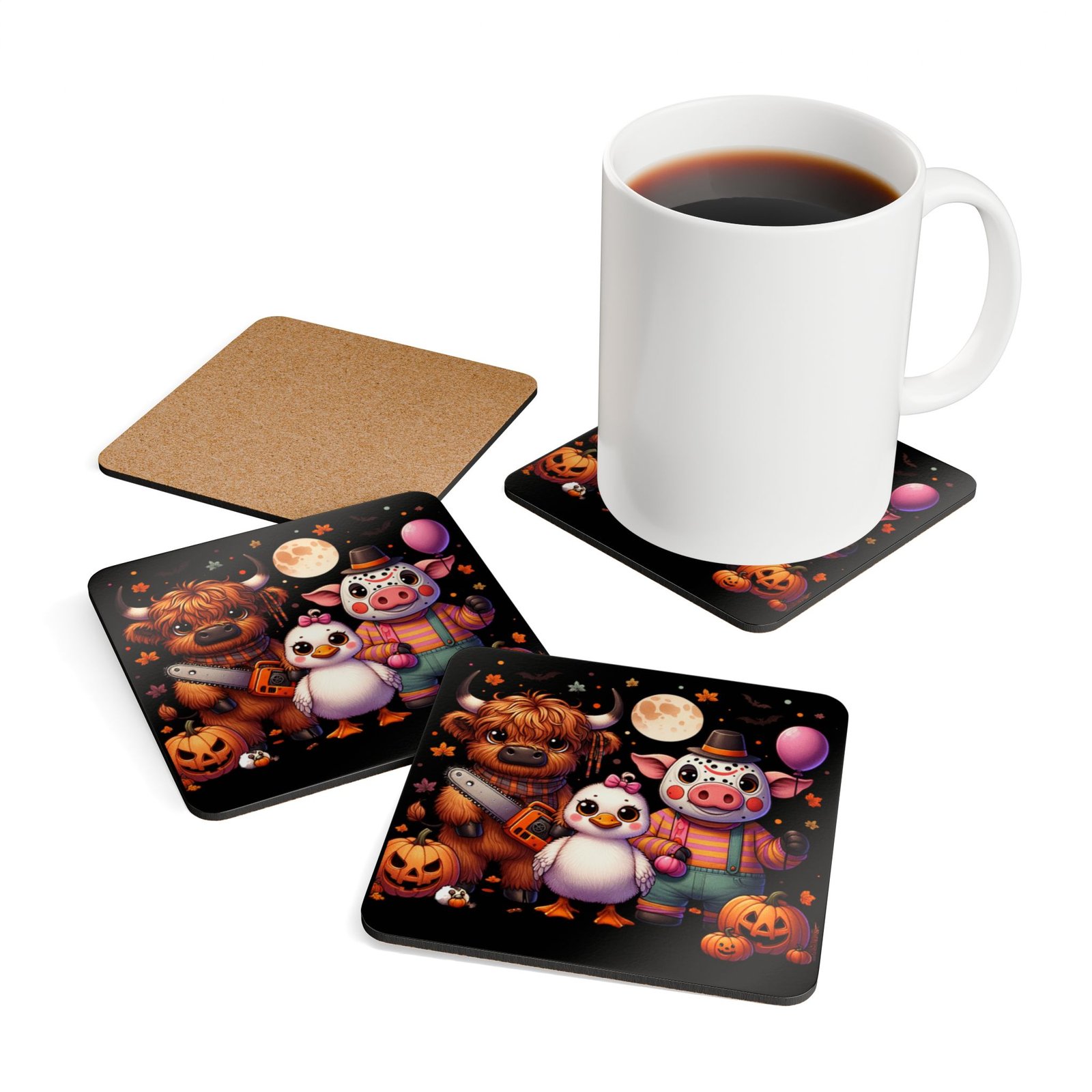 Coaster Set, Farm Animals in Scary Costumes Halloween Corkwood Coasters, Spooky Drink Coaster, Table Protection, Wood Coaster Gift, Holiday - Image 2