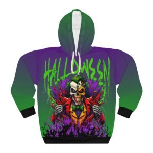 Halloween Madness Unisex Pullover Hoodie - Skeleton Jester Street Style Sweatshirt, Scary Clown Skull Graphic Hoodie, Spooky Neon Green