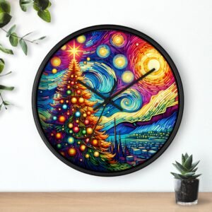Christmas Tree Wall Clock, Van Gogh Night Sky Holiday Decor, Festive Cheer Clock, Artistic Christmas Decor, Radiant Orbs Wall Clock