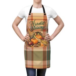 Harvest Blessings Apron, Fall Plaid Cornucopia Kitchen Cooking Gift, Thanksgiving Chef's Apron, Autumn Harvest Cooking Apparel, Farmhouse