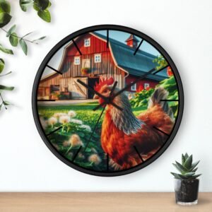 Rooster Farm Wall Clock, Rustic Kitchen Decor, Quiet Non-Ticking Clock, Lush Garden Design, Red Barn Country Clock, Farmhouse Wall Art,