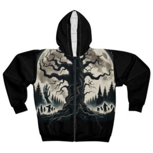 Haunted Forest Zip Hoodie, Gothic Tree Moon Skeleton Village Goth Emo Jacket, Creepy Spooky Outerwear, Winter Coat, Halloween Costume