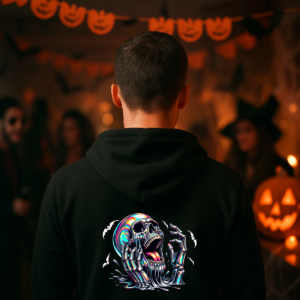 Iridescent Color Skeleton Unisex Hoodie, Gildan Sweatshirt for Halloween, Scary Graphic Jumper, Spooky Pullover