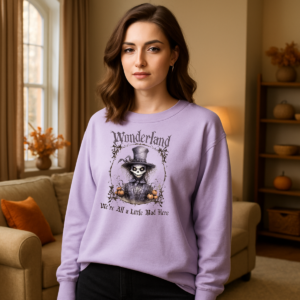 Wonderland Skeleton Long Sleeve T-Shirt, Gothic Halloween Top, Mad Hatter Tee, Spooky Season Shirt, Creepy Fantasy Clothing