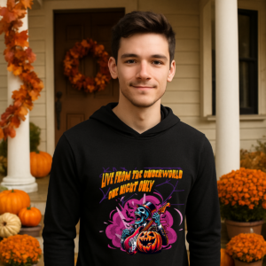 Haunted Jam Fest 2025 Unisex Hooded Long Sleeve Tee, Skeleton Rocker Graphic Shirt, Spooky Season Vibes, Underground Gig Apparel, Halloween