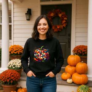 Patchwork Pumpkin Crewneck Sweatshirt - Cozy Autumn Vibes, Halloween Cheer - Fall Jacket, Quilt-Inspired Sweater, Colorful Jack-O'-Lantern