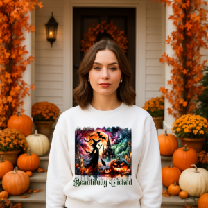 Beautifully Wicked Halloween Sweatshirt, Witch Moon Haunted House Jack-o'-lantern Autumn Sky, Spooky Season Fall Fashion, Halloween Party