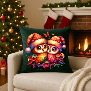 Christmas Owls Spun Polyester Square Pillow, Holiday Cheer Home Decor Accent, Festive Rainbow Santa Hat Design, Whimsical Cozy Cushion,