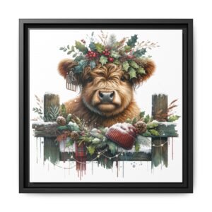 Framed Canvas Wall Art, Highland Cow Christmas Decor, Farmhouse Holiday Decoration, Rustic Winter Home Decor, Festive Country Wall Hanging,