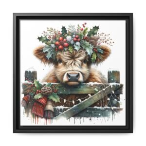 Wall Art, Highland Cow Christmas Decor, Farmhouse Winter Canvas, Holiday Wooden Frame, Rustic Festive Home Decoration, Seasonal Country Wall