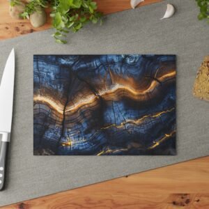 Glass Cutting Board, Blue and Gold Wood Design, Kitchen Decor, Housewarming Gift, Foodie Gift, Chef Gift, Cooking Utensil