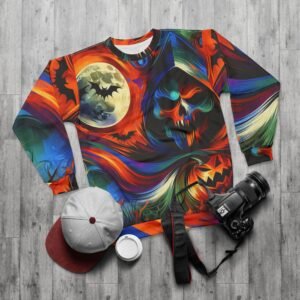 Halloween Skull Reaper Sweatshirt, Vibrant Colorful Goth Pullover, All Over Print Crewneck Jumper, Edgy Spooky Moon Bat Clothing, Fall