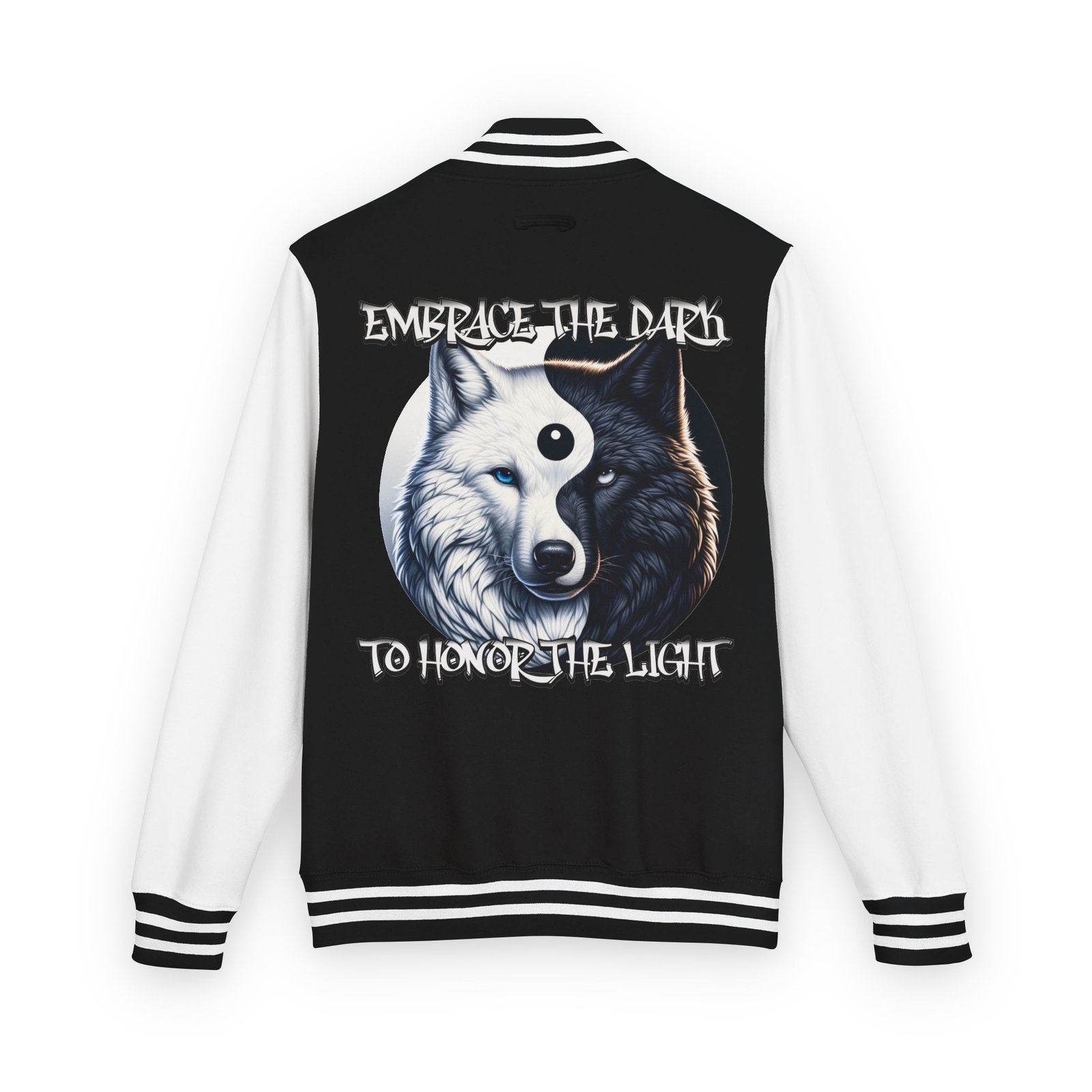 Yin-Yang Wolf Varsity Jacket, Unisex Letterman Coat, Symbolic Wolf Design, Balance Yin Yang Jacket, Streetwear Style, Black and White - Image 3