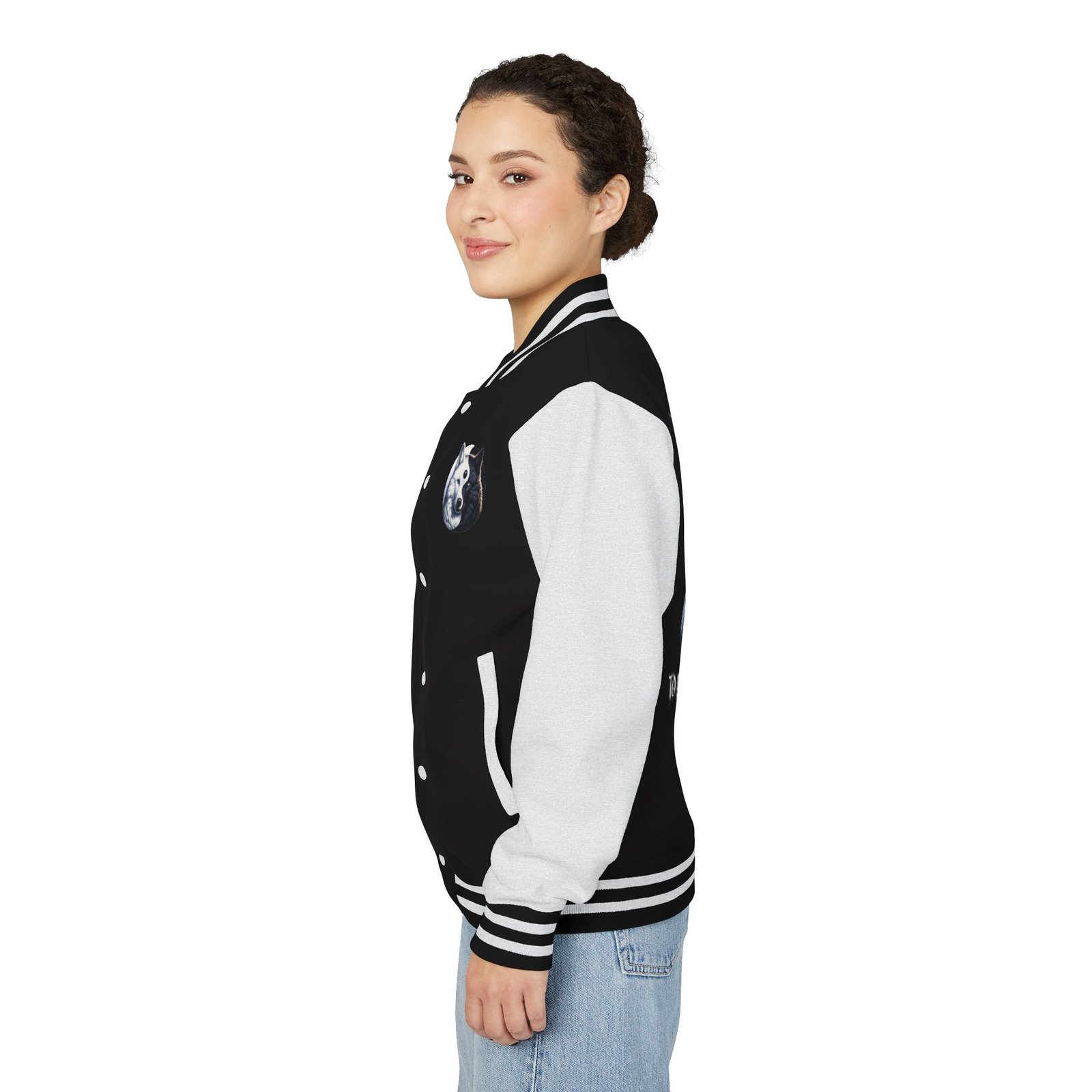 Yin-Yang Wolf Varsity Jacket, Unisex Letterman Coat, Symbolic Wolf Design, Balance Yin Yang Jacket, Streetwear Style, Black and White - Image 9