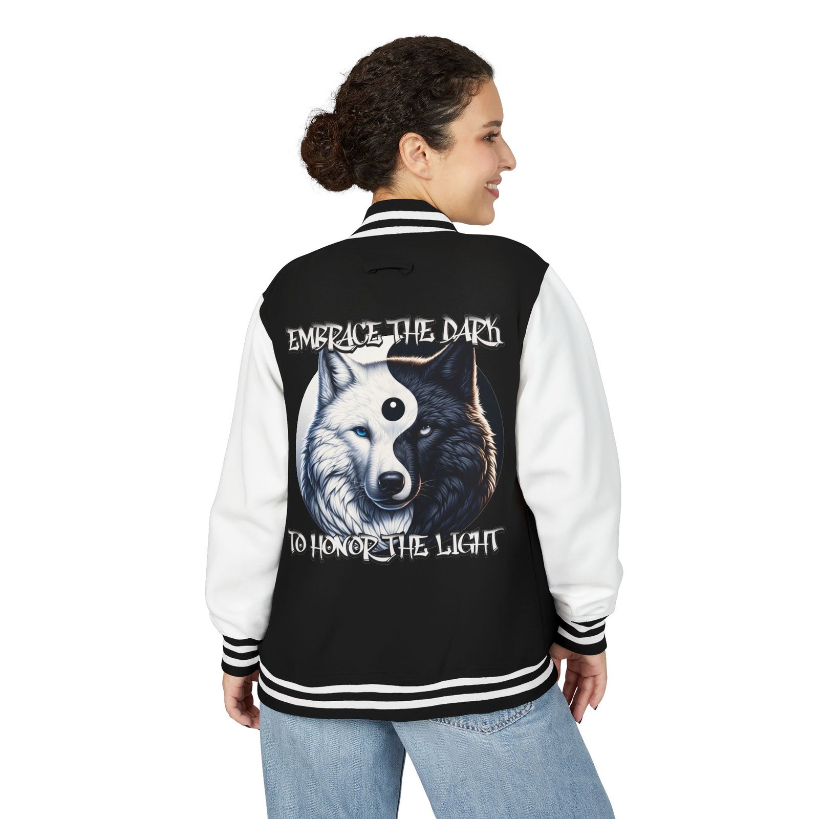 Yin-Yang Wolf Varsity Jacket, Unisex Letterman Coat, Symbolic Wolf Design, Balance Yin Yang Jacket, Streetwear Style, Black and White - Image 5