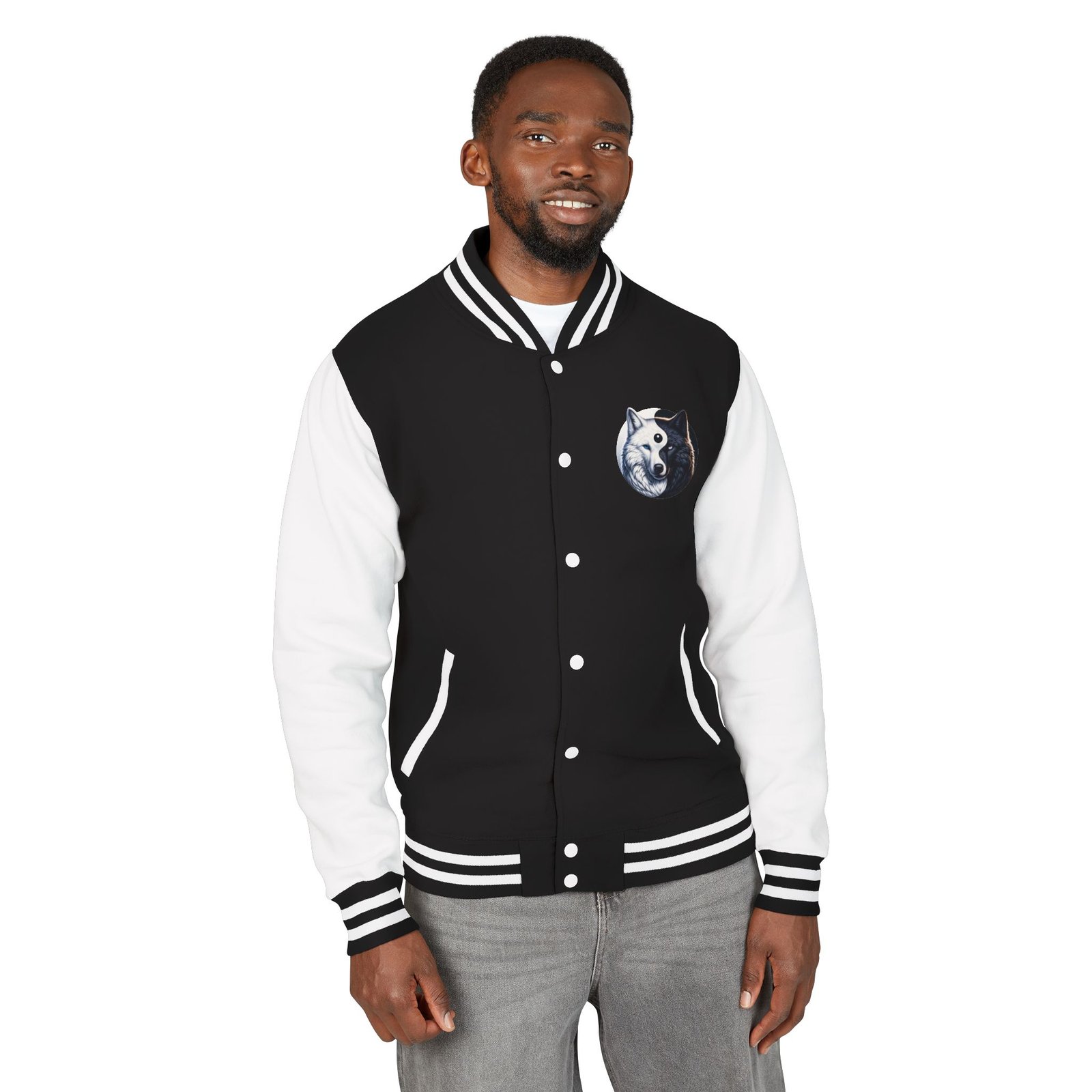 Yin-Yang Wolf Varsity Jacket, Unisex Letterman Coat, Symbolic Wolf Design, Balance Yin Yang Jacket, Streetwear Style, Black and White - Image 6