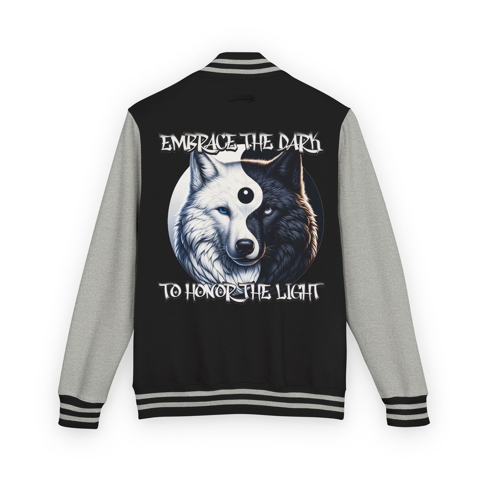 Yin-Yang Wolf Varsity Jacket, Unisex Letterman Coat, Symbolic Wolf Design, Balance Yin Yang Jacket, Streetwear Style, Black and White - Image 11