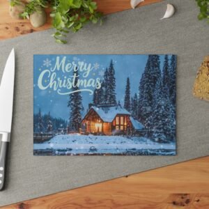 Holiday Cabin Glass Cutting Board - Festive Kitchen Decor, Snowy Christmas Scene, Merry Christmas Script, Winter Serving Tray, Rustic Home