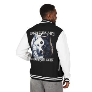 Yin-Yang Wolf Varsity Jacket, Unisex Letterman Coat, Symbolic Wolf Design, Balance Yin Yang Jacket, Streetwear Style, Black and White