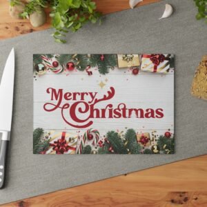 Glass Cutting Board - Merry Christmas Retro Holiday Kitchen Decor, Red Script, Pine Boughs, Candy Canes, Gold Presents, Easy to Clean,