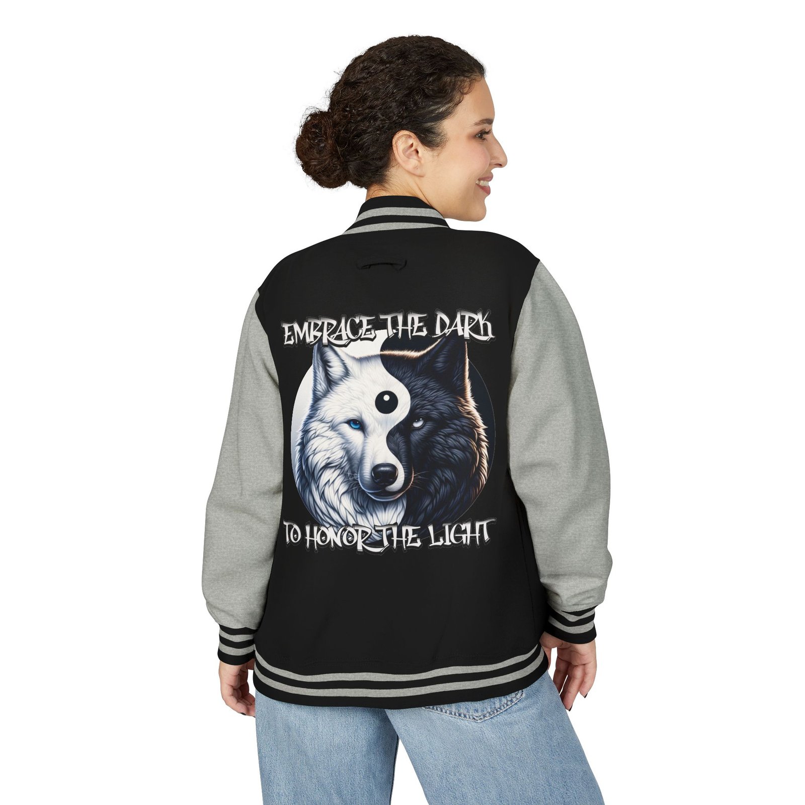 Yin-Yang Wolf Varsity Jacket, Unisex Letterman Coat, Symbolic Wolf Design, Balance Yin Yang Jacket, Streetwear Style, Black and White - Image 13
