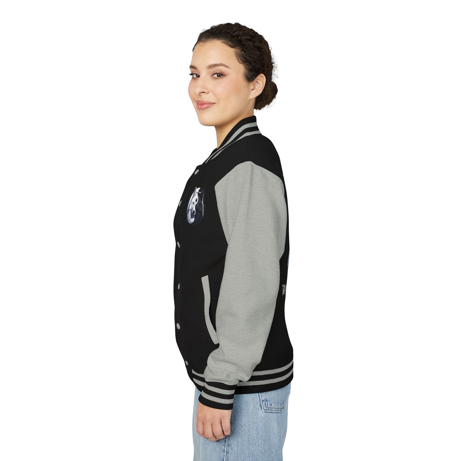 Yin-Yang Wolf Varsity Jacket, Unisex Letterman Coat, Symbolic Wolf Design, Balance Yin Yang Jacket, Streetwear Style, Black and White - Image 18
