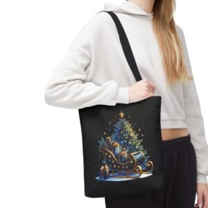Christmas Tote Bag, Festive Holiday Shopping Bag, Elegant Winter Scene Reusable Tote, Black Canvas Gift Carryall, Ornate Sleigh Design, Gold