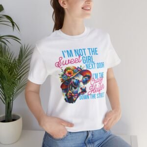 Crazy Heifer Cow Graphic Tee, Unisex Jersey T-Shirt, Funny Farm Life Shirt, Bold Sassy Statement Top, Colorful Sun Hat Flowers Sunglasses,
