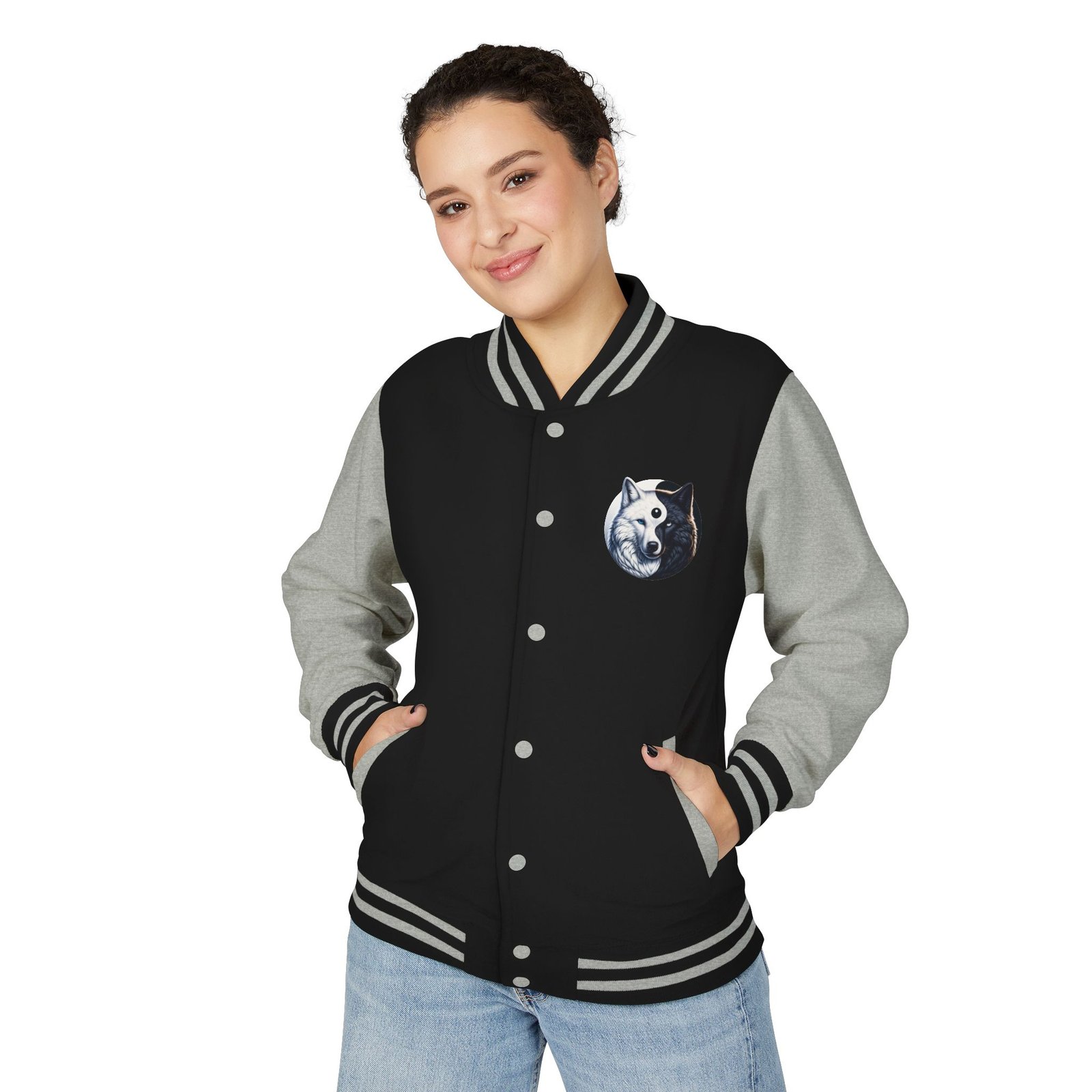 Yin-Yang Wolf Varsity Jacket, Unisex Letterman Coat, Symbolic Wolf Design, Balance Yin Yang Jacket, Streetwear Style, Black and White - Image 12
