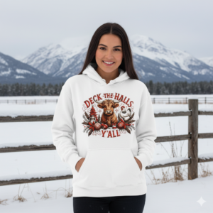 Southern Charm Christmas Hoodie, Deck the Halls Y'all Sweatshirt, Bella+Canvas hoodie, Cozy Winter Pullover, Rustic Festive Apparel