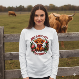 Moo-rry Christmas Long Sleeve Tee, Holiday Farm Fresh Cow Shirt, Highland Calf Wreath Graphic Tee, Christmas Tee, Festive