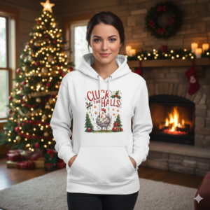 Cluck the Halls Three-Panel Fleece Christmas Hoodie, Funny Chicken Holiday Sweatshirt, Festive Farm Animal Pullover Jumper, Quirky Cozy