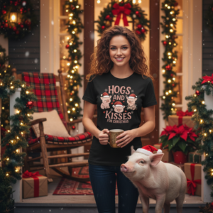 Christmas Hogs and Kisses Unisex Jersey Short Sleeve Tee, Festive Piglet Holiday T-Shirt, Funny Xmas Graphic Shirt, Cute Seasonal Top, Gifts