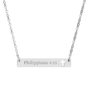 Necklace, Personalized Faith Bar Jewelry - Engraved Philippians 4:13 Cross Pendant, Strength and Hope Reminder, Stainless Steel Necklace,