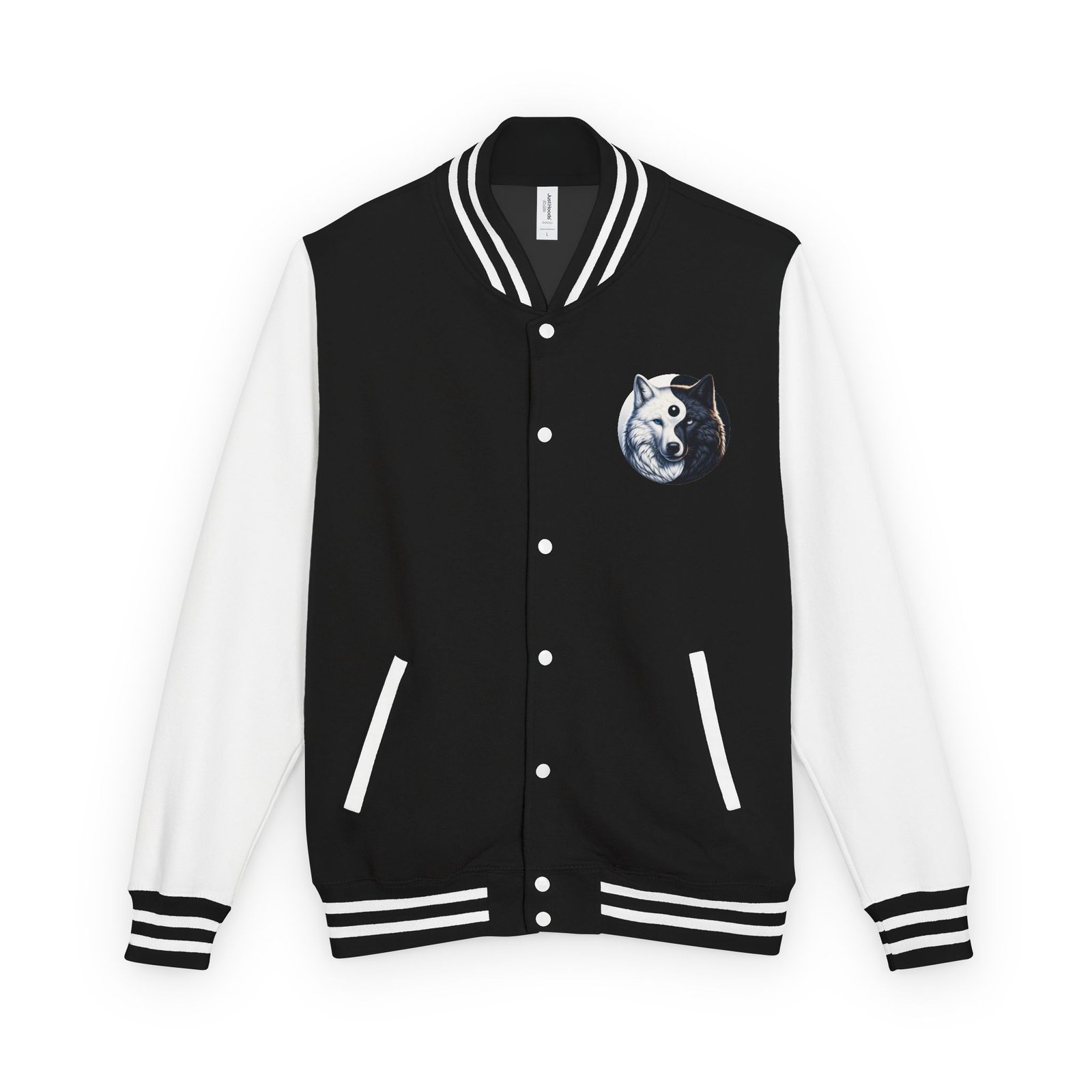 Yin-Yang Wolf Varsity Jacket, Unisex Letterman Coat, Symbolic Wolf Design, Balance Yin Yang Jacket, Streetwear Style, Black and White - Image 2